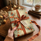 Elegant floral wrapping paper from Wrapped Studios, featuring a rustic orange ribbon.