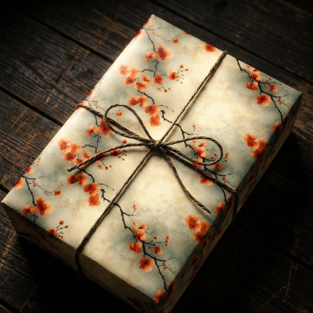 Rustic gift wrap featuring an orange floral pattern, tied with brown twine on a dark wood surface.