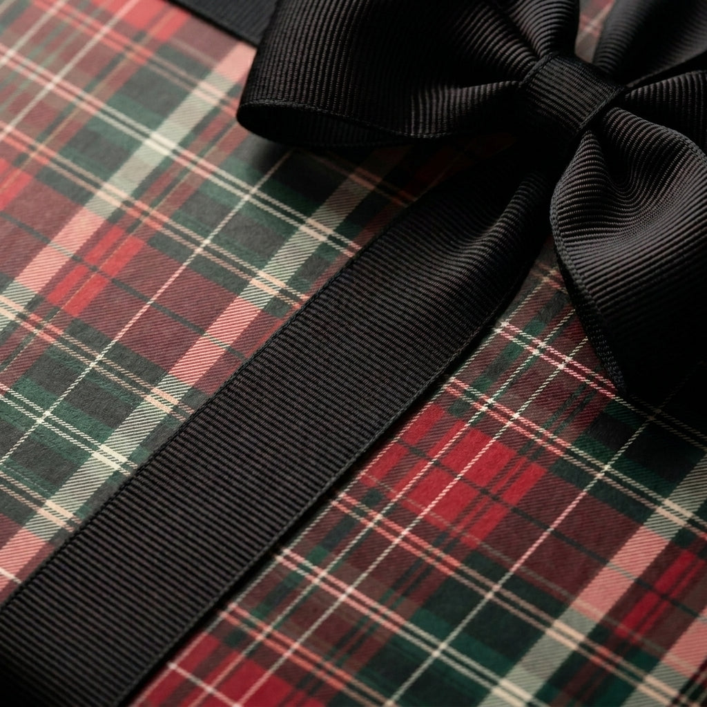 Red and green tartan plaid Christmas wrapping paper with a black ribbon by Wrapped Studios.