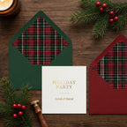 Tartan plaid Christmas envelope liners and holiday party invitation card by Wrapped Studios.