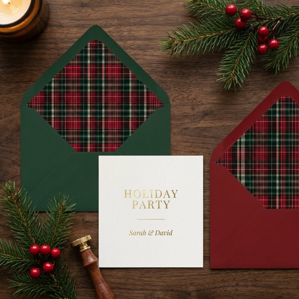 Tartan plaid Christmas envelope liners and holiday party invitation card by Wrapped Studios.