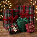 Red and green plaid Christmas wrapping paper with velvet ribbons by Wrapped Studios.