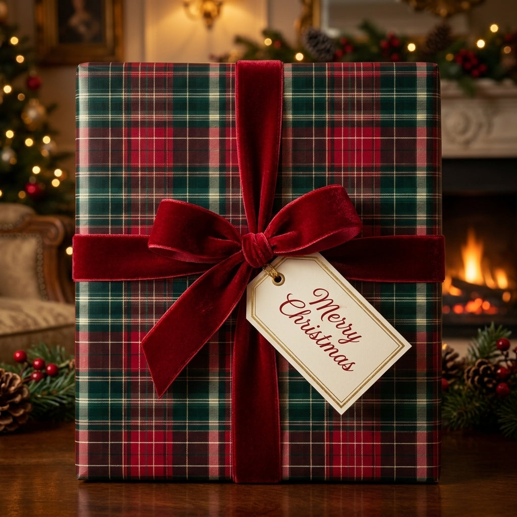 Luxury plaid Christmas wrapping paper with a red velvet bow and Merry Christmas tag by Wrapped Studios.