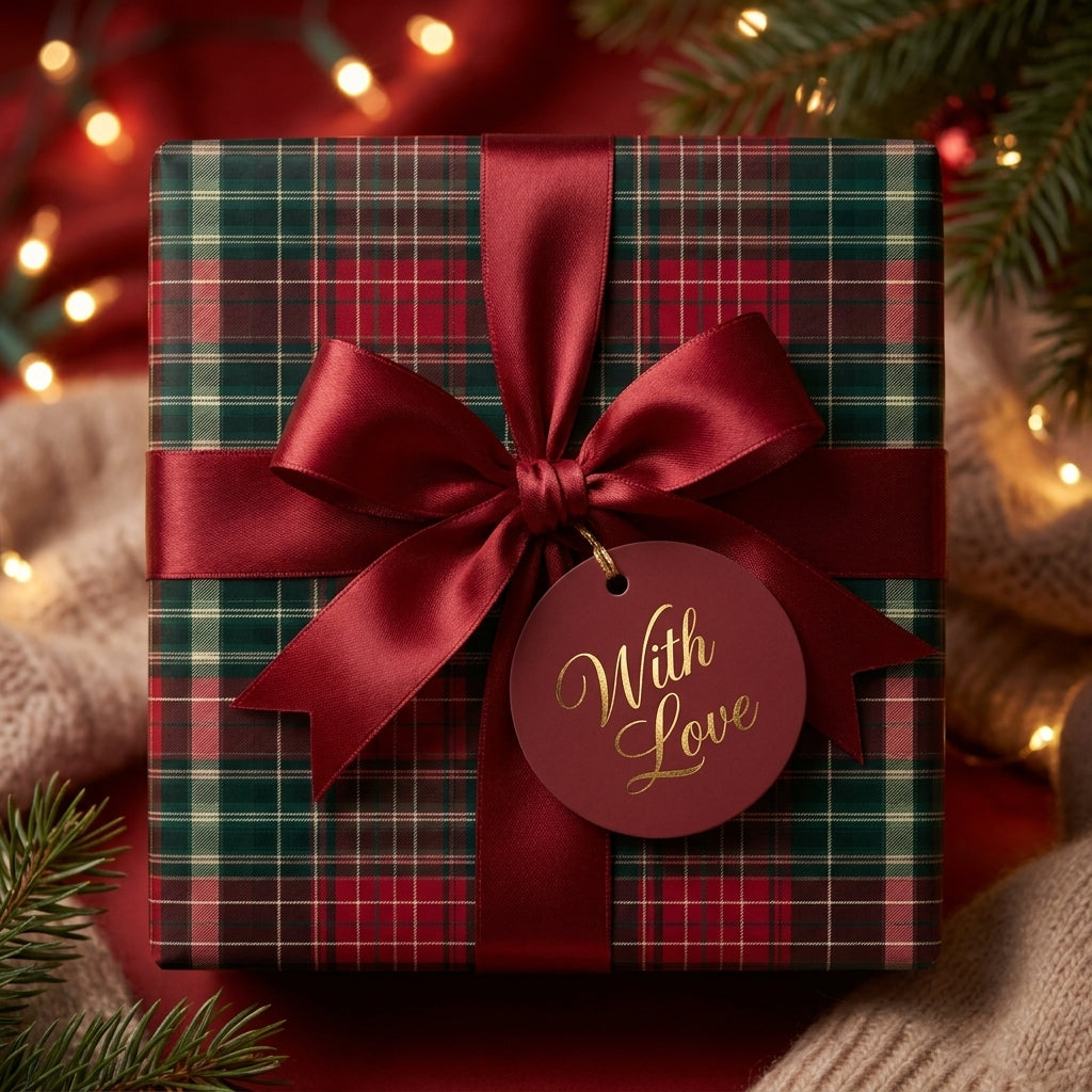 Plaid Christmas gift wrap with a red satin ribbon and 'With Love' tag by Wrapped Studios.