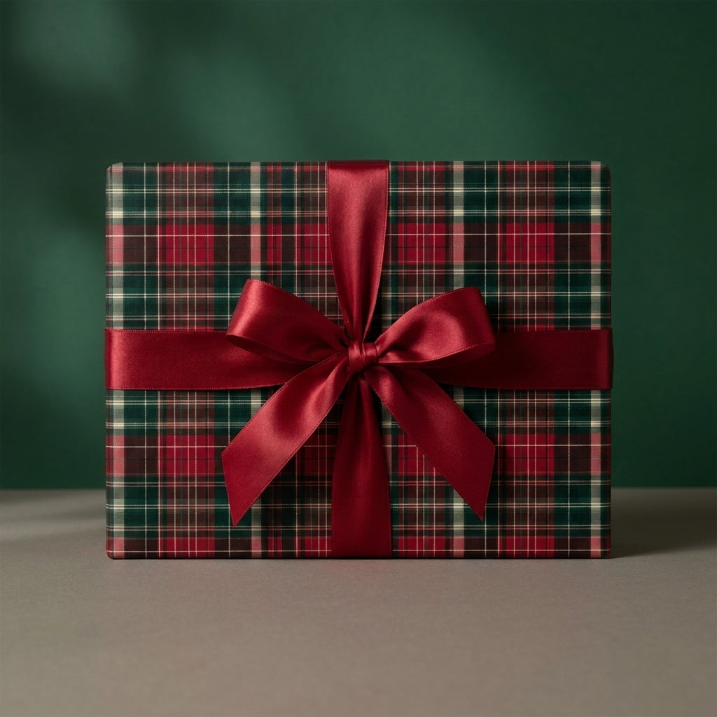 Classic red and green plaid Christmas wrapping paper with a satin bow by Wrapped Studios.