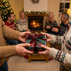 Plaid Christmas wrapping paper by Wrapped Studios on a holiday gift exchanged by a cozy fireplace.