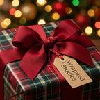 Red and green plaid Christmas wrapping paper with a red ribbon and Wrapped Studios tag.