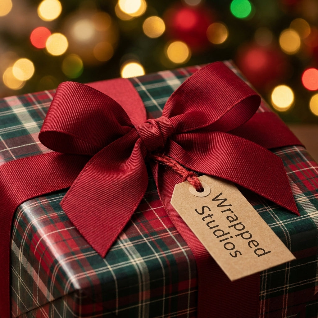 Red and green plaid Christmas wrapping paper with a red ribbon and Wrapped Studios tag.