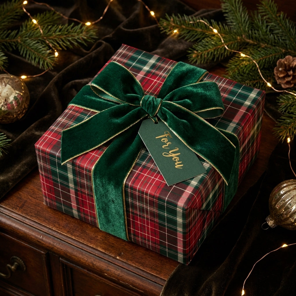 Red and green plaid wrapping paper with a velvet bow, luxury Christmas gift wrap by Wrapped Studios.