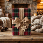 Rustic red and green plaid Christmas wrapping paper with a burlap bow and snowflake tag by Wrapped Studios.