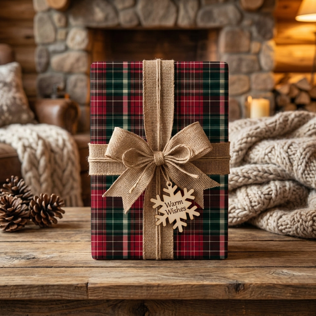 Rustic red and green plaid Christmas wrapping paper with a burlap bow and snowflake tag by Wrapped Studios.