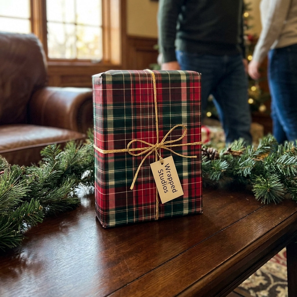 Red and green plaid Christmas gift wrap by Wrapped Studios with gold twine on a cozy holiday table.