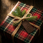 Rustic plaid Christmas wrapping paper with twine bow and NOEL tag on a wooden table, by Wrapped Studios.