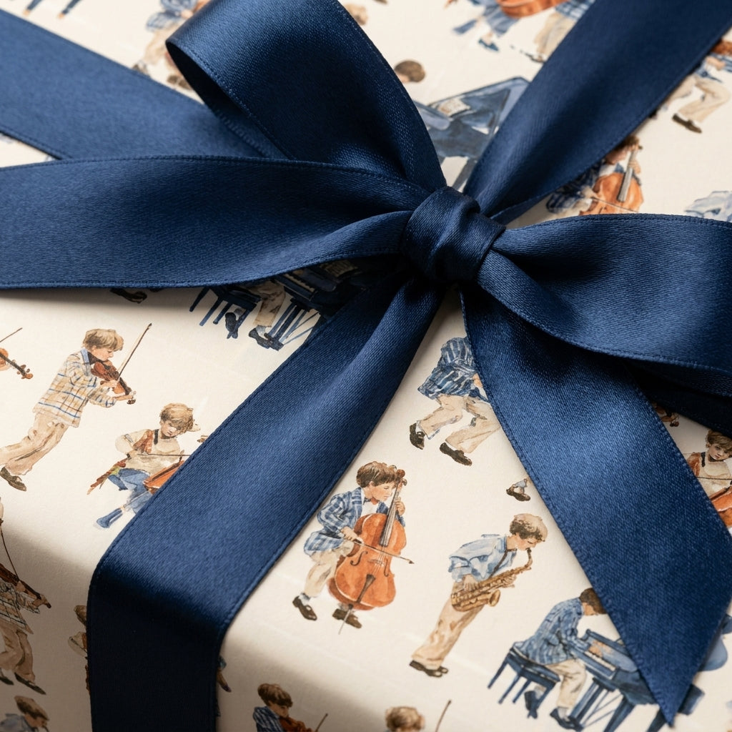 Vintage music wrapping paper featuring boys playing instruments and a navy blue satin bow by Wrapped Studios.