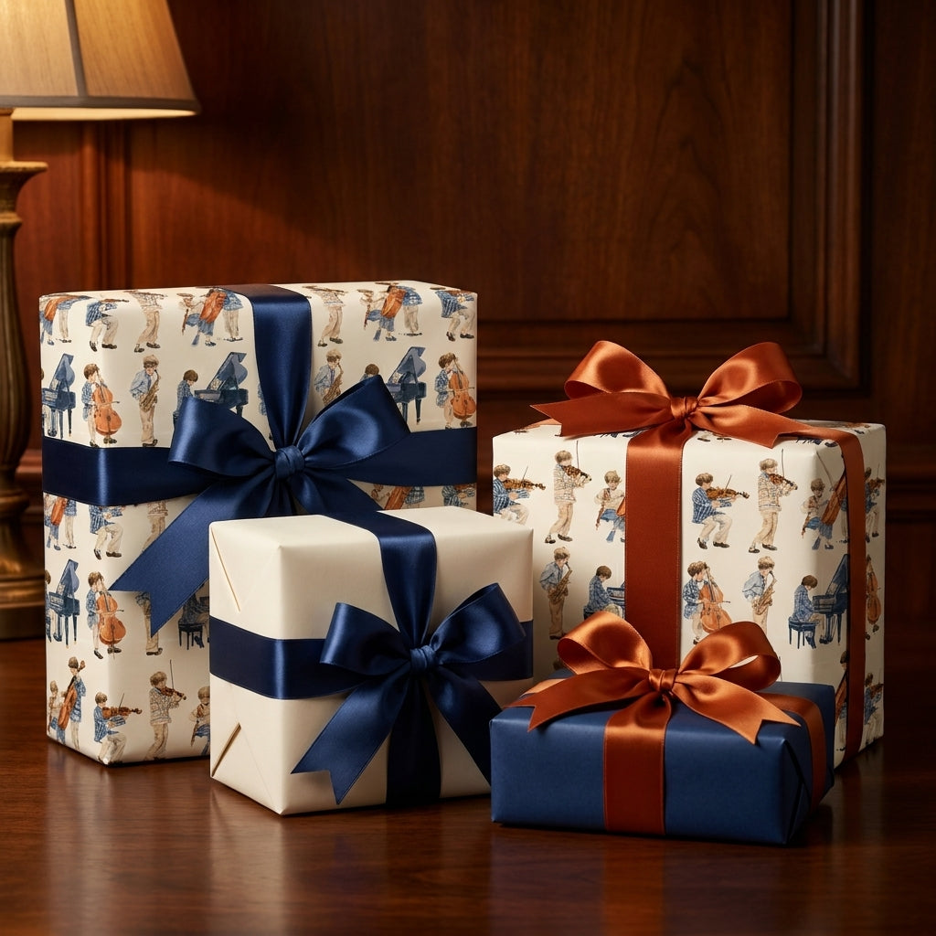 Vintage musical wrapping paper on elegant gift boxes with blue and copper bows by Wrapped Studios.