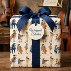 Vintage music wrapping paper by Wrapped Studios with orchestra illustration print and a navy ribbon.