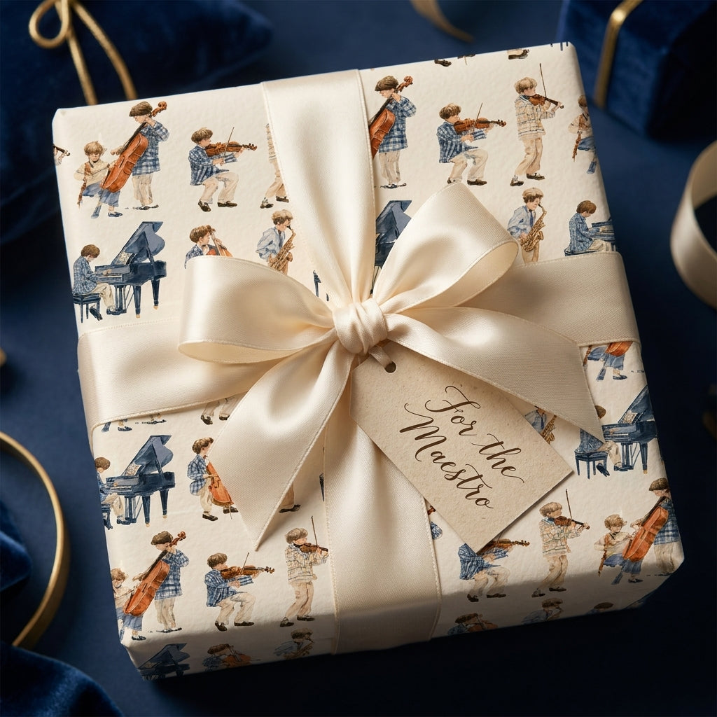 Music wrapping paper with watercolor orchestra musicians and cream satin bow by Wrapped Studios.