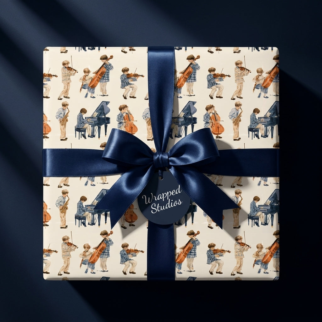 Vintage music wrapping paper with watercolor orchestra pattern and navy satin bow by Wrapped Studios.