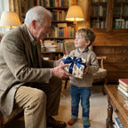 Grandfather giving boy a gift in vintage illustrated wrapping paper with a blue ribbon by Wrapped Studios.