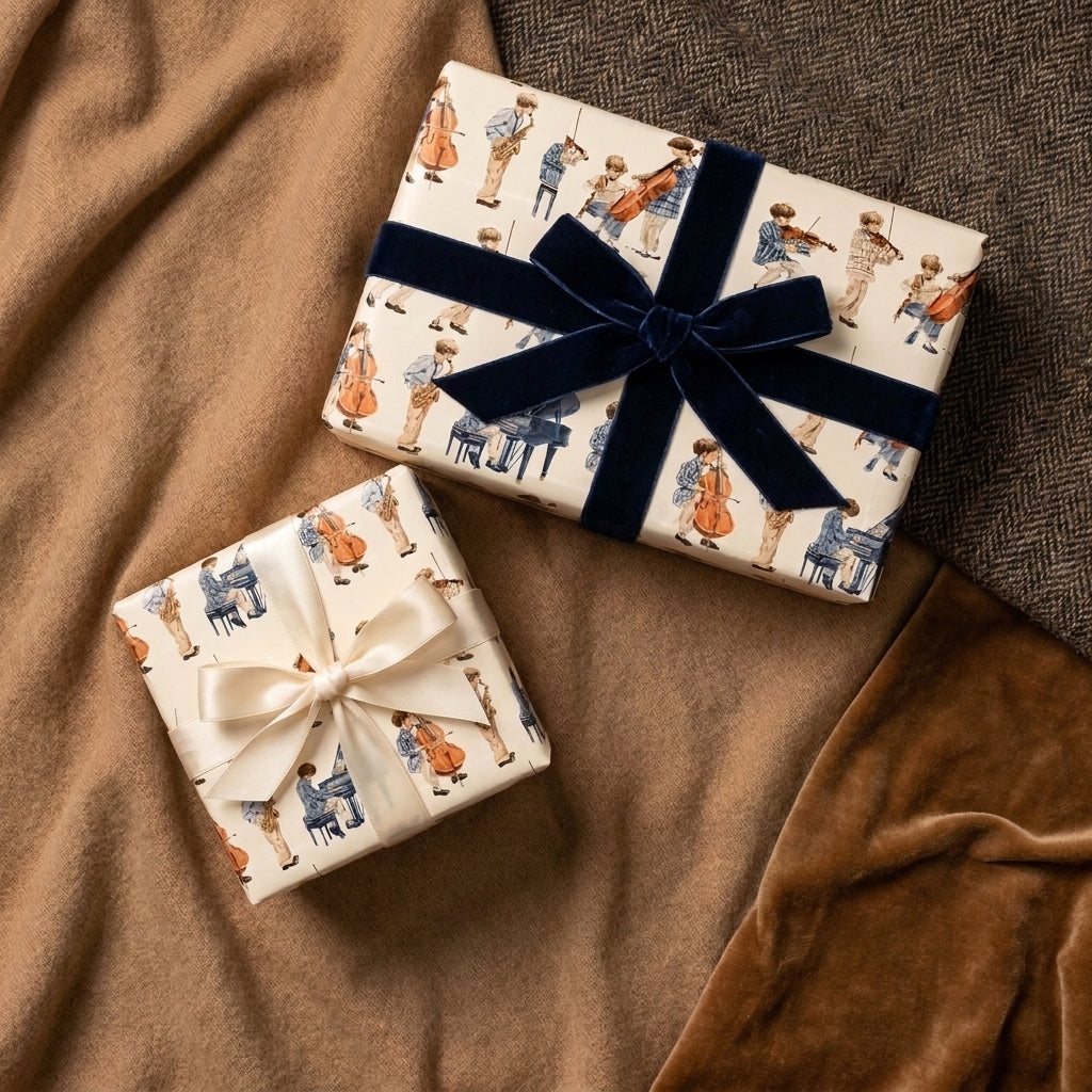 Vintage music wrapping paper with navy velvet and cream satin bows, by Wrapped Studios.