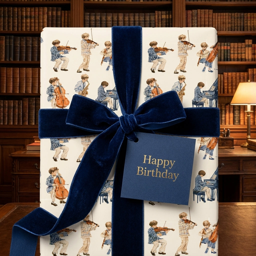 Vintage music birthday wrapping paper with a luxury navy velvet bow and gift tag by Wrapped Studios.