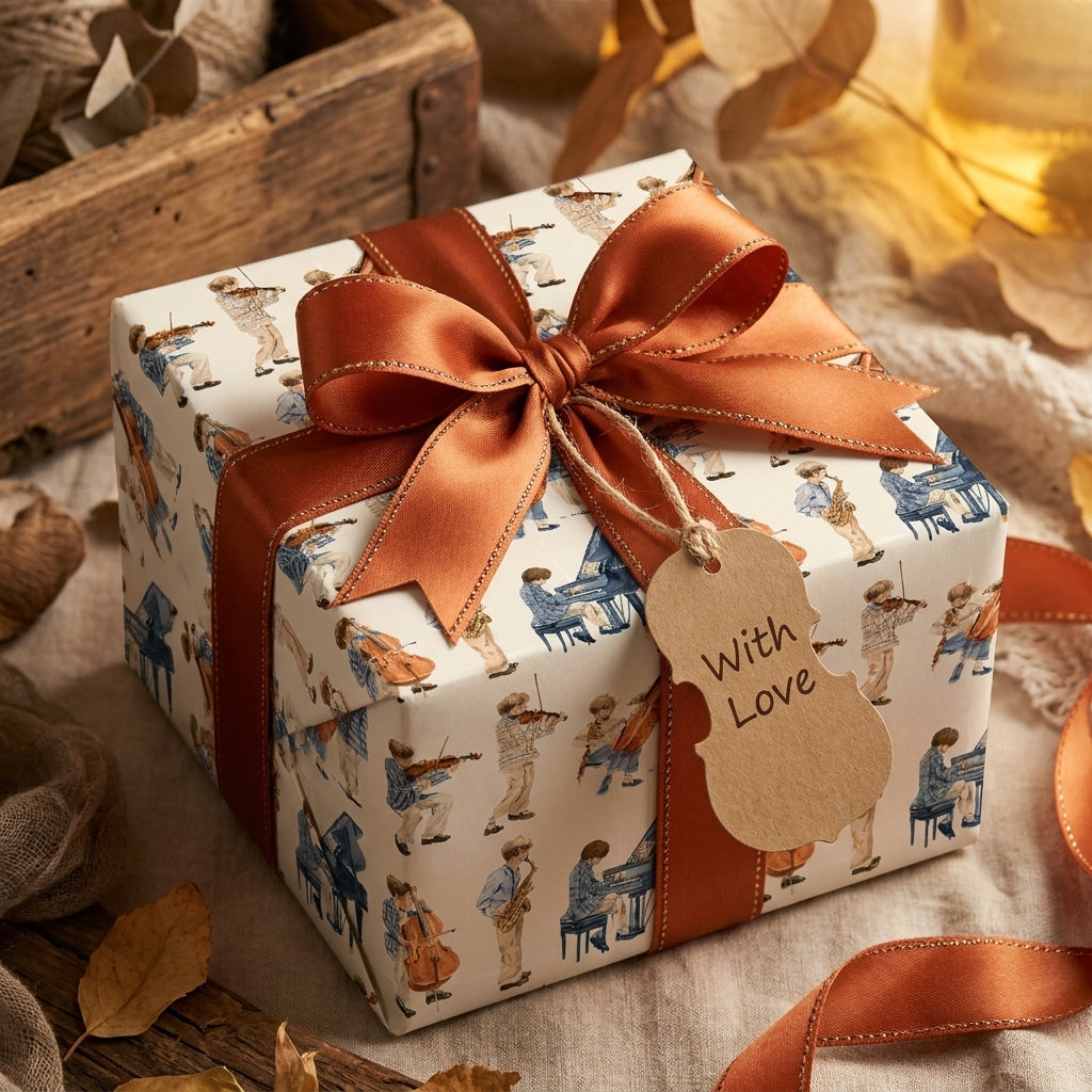 Vintage musical instrument wrapping paper with copper ribbon and violin tag by Wrapped Studios.