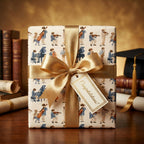 Vintage music graduation wrapping paper with gold bow and congratulations tag by Wrapped Studios.