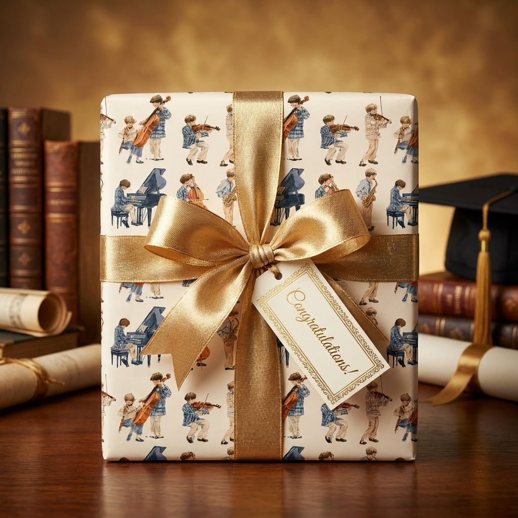 Vintage music graduation wrapping paper with gold bow and congratulations tag by Wrapped Studios.