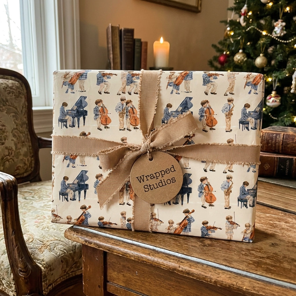 Vintage classical music gift wrap with beige ribbon by Wrapped Studios in a cozy Christmas setting.