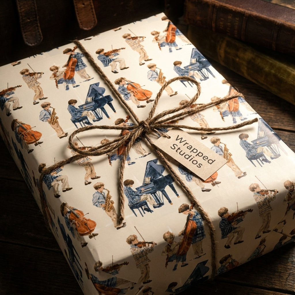 Vintage music wrapping paper with watercolor orchestra illustrations on a gift box, by Wrapped Studios.