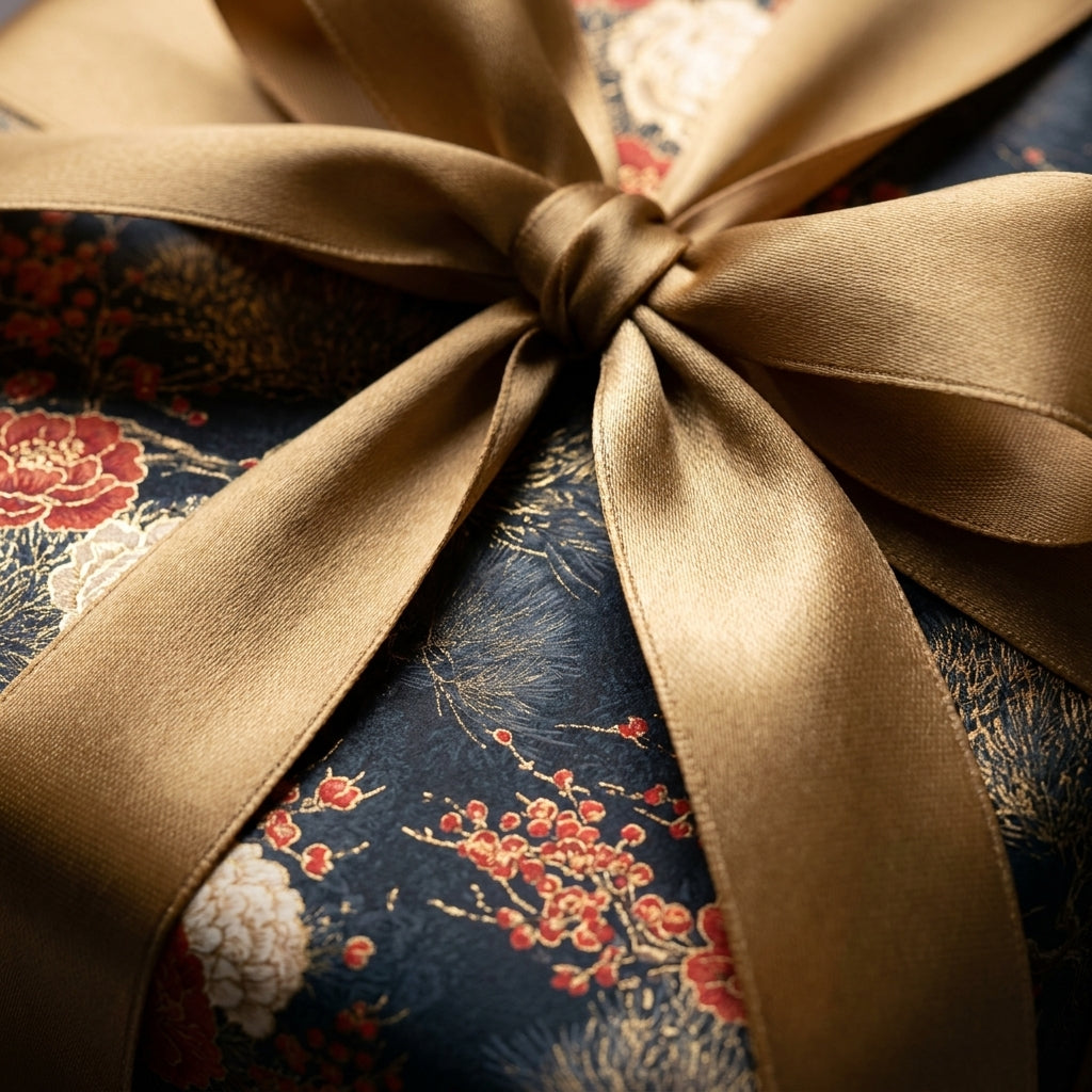 Luxury navy and gold floral wrapping paper with a satin ribbon bow, by Wrapped Studios.