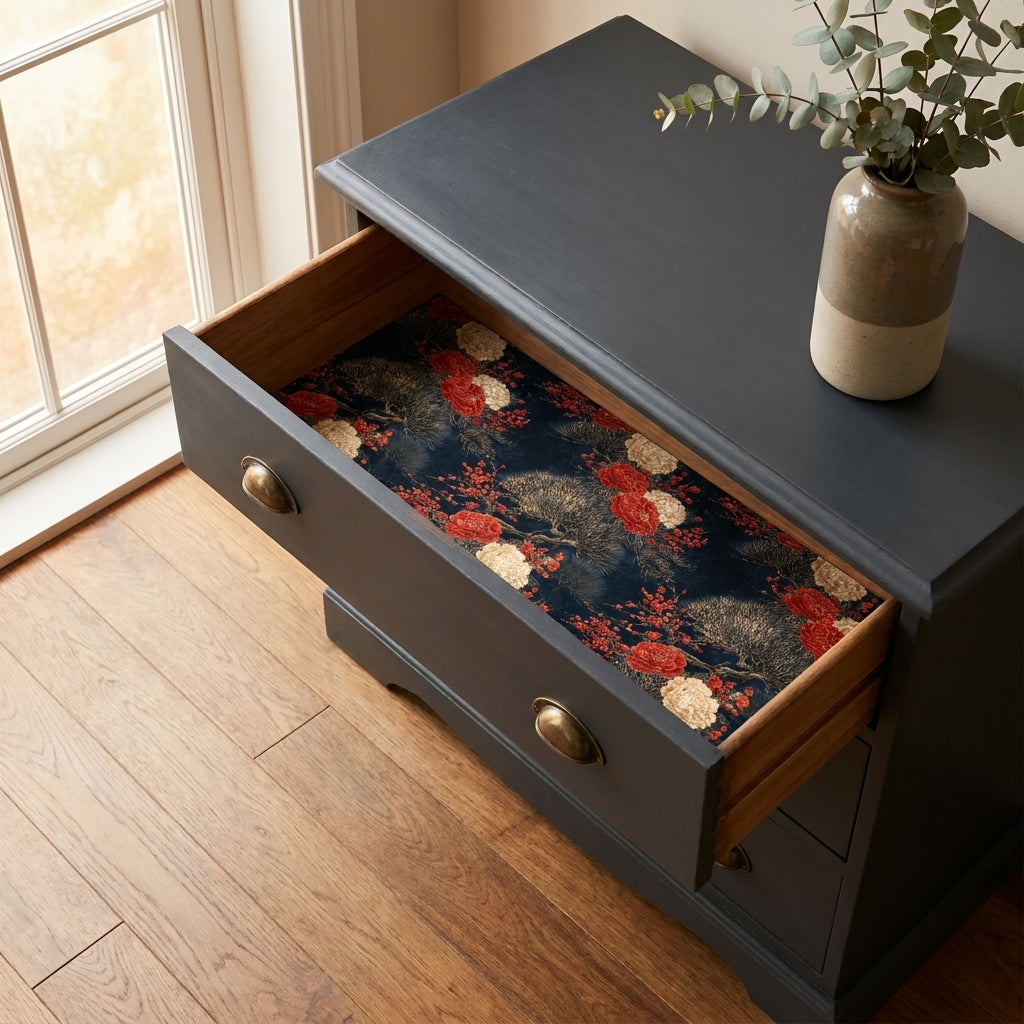Vintage navy and red floral wrapping paper used as a luxury drawer liner by Wrapped Studios.