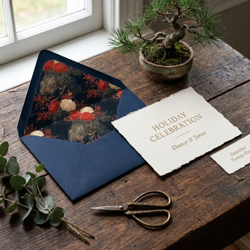 Elegant navy holiday invitation with floral botanical envelope liner by Wrapped Studios.