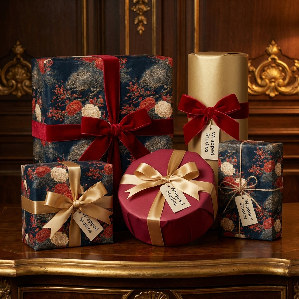Luxury Christmas wrapping paper in navy floral and gold patterns with velvet bows by Wrapped Studios.