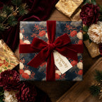 Luxury navy floral wrapping paper with a red velvet bow and prosperity tag, by Wrapped Studios.