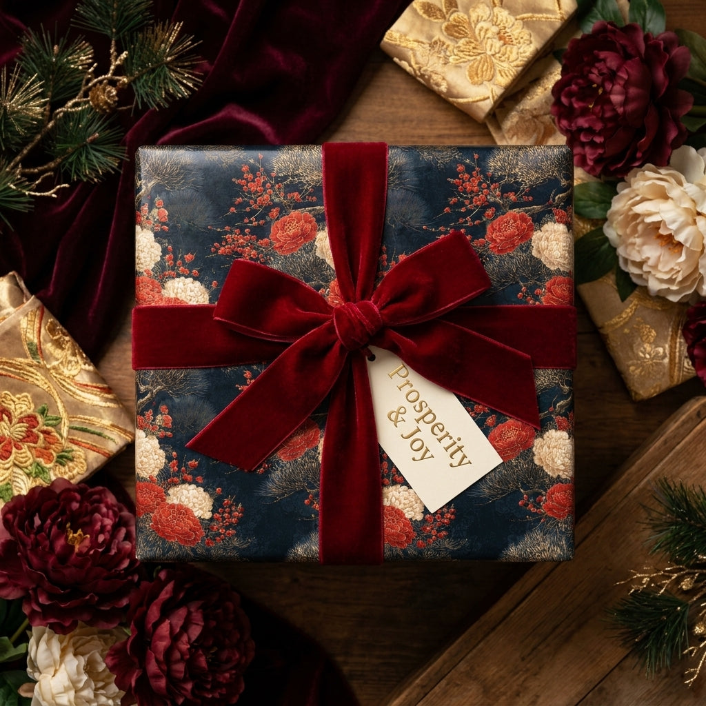 Luxury navy floral wrapping paper with a red velvet bow and prosperity tag, by Wrapped Studios.