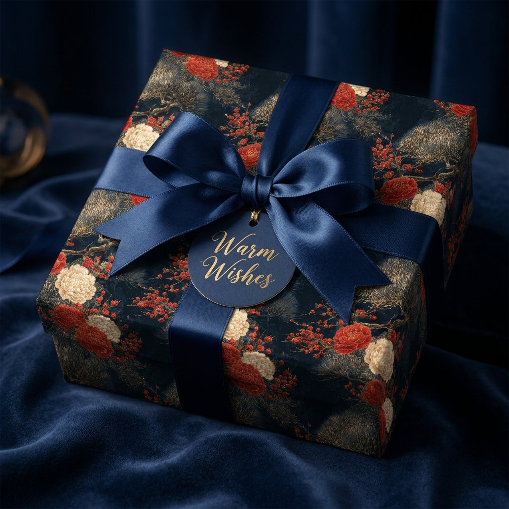 Luxury navy floral wrapping paper with a satin bow and holiday gift tag by Wrapped Studios.