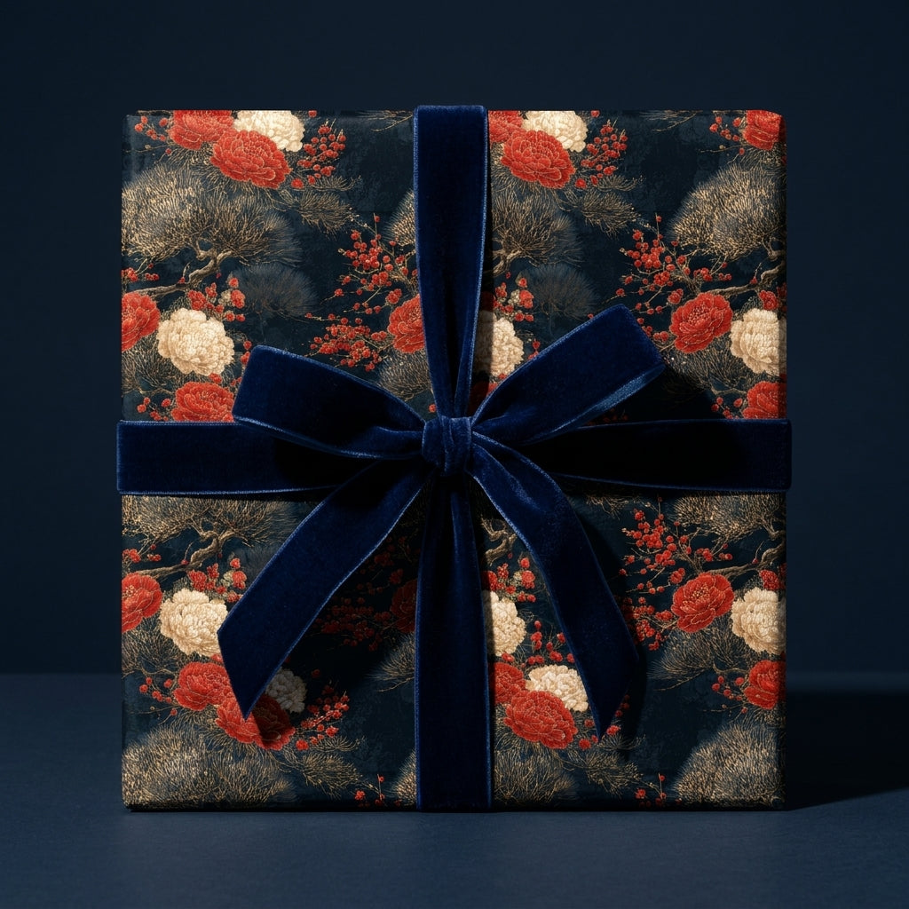 Luxury floral Christmas gift wrap with a navy velvet bow by Wrapped Studios.