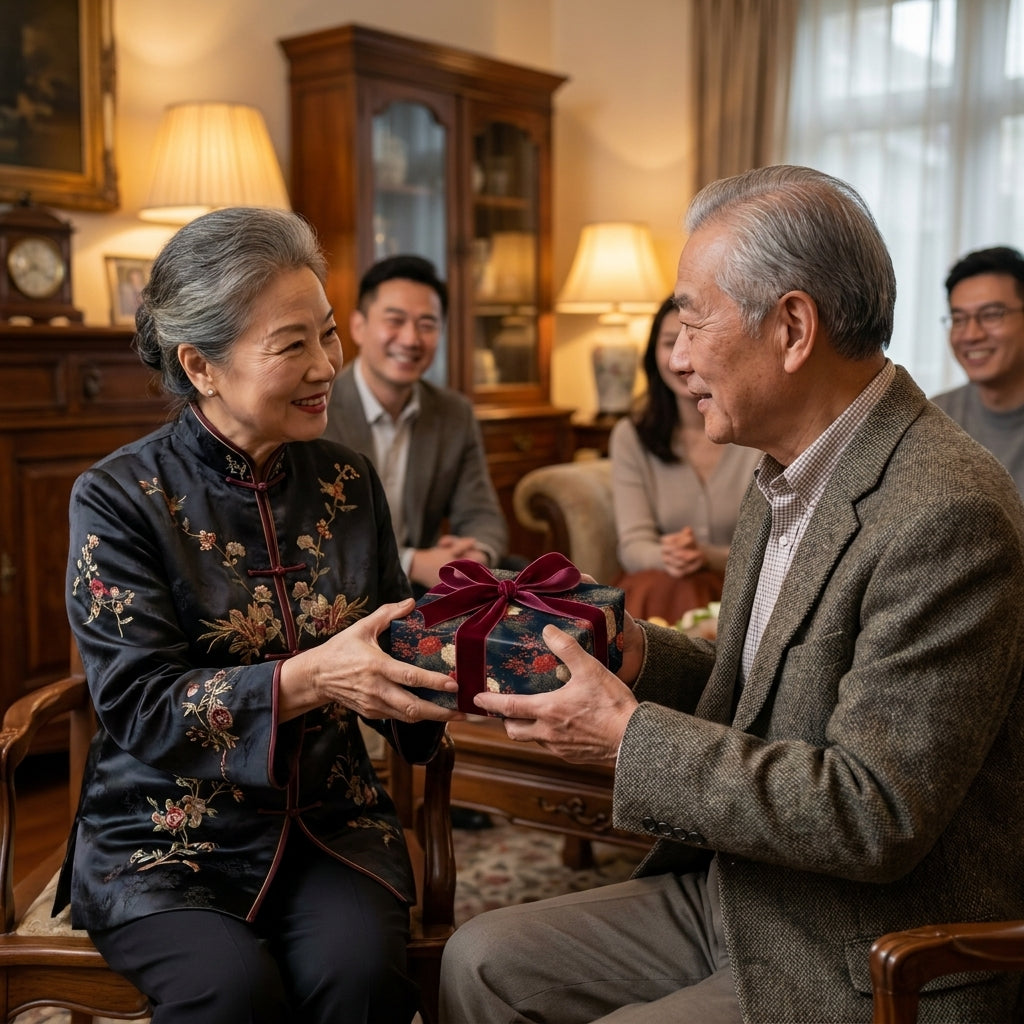 Senior couple exchanging a gift in luxury floral wrapping paper with a red bow by Wrapped Studios.