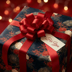 Luxury floral Christmas wrapping paper with red satin bow and tag by Wrapped Studios.