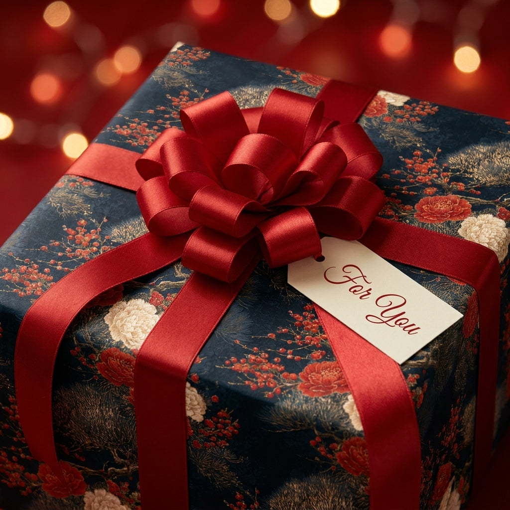 Luxury floral Christmas wrapping paper with red satin bow and tag by Wrapped Studios.