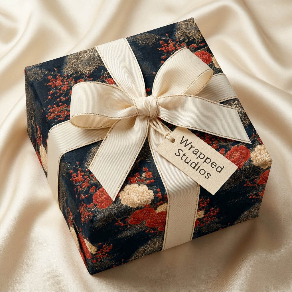 Luxury floral Christmas gift wrap in navy and red with cream bow by Wrapped Studios.