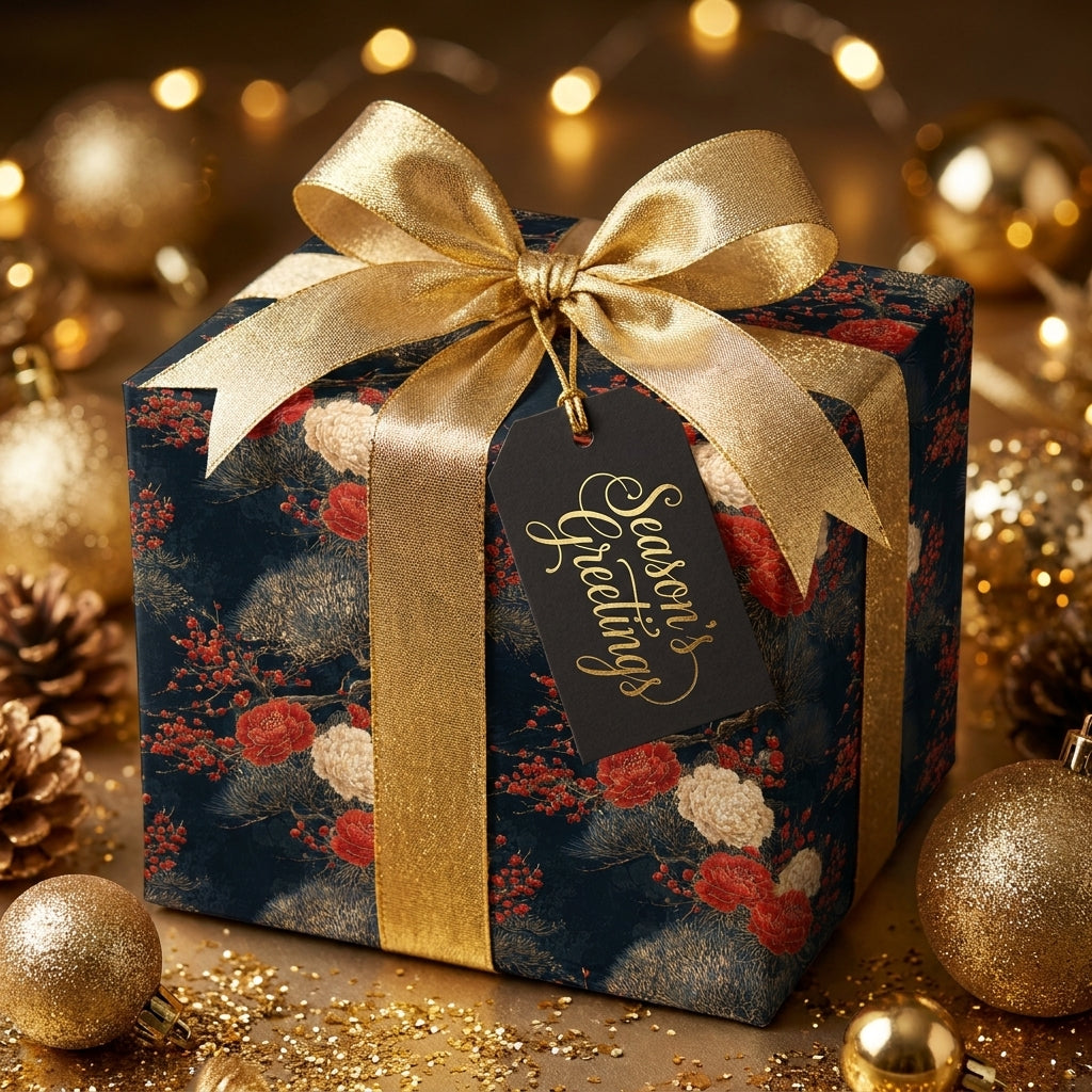 Navy floral Christmas wrapping paper with a luxury gold bow and holiday tag by Wrapped Studios.