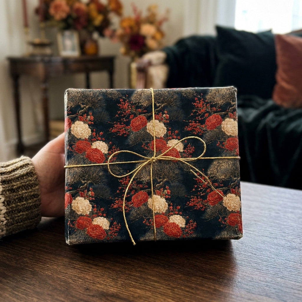 Luxury vintage floral wrapping paper with gold bow for elegant Christmas gift wrap by Wrapped Studios.