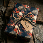 Vintage floral Christmas wrapping paper in navy and red on a rustic gift box with a Noel tag by Wrapped Studios.