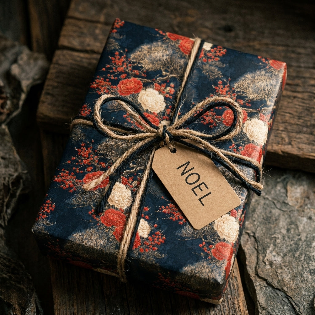 Vintage floral Christmas wrapping paper in navy and red on a rustic gift box with a Noel tag by Wrapped Studios.