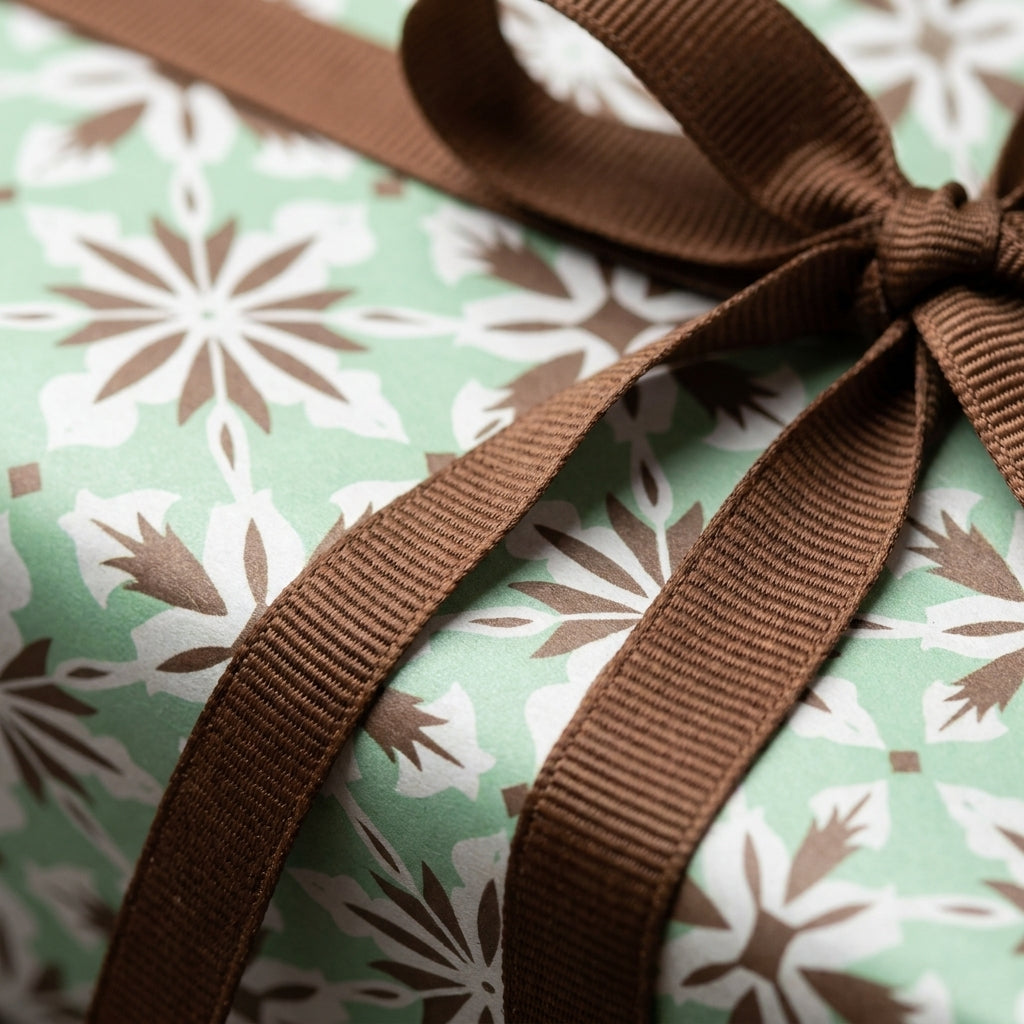 Sage green snowflake Christmas wrapping paper with a brown ribbon by Wrapped Studios.