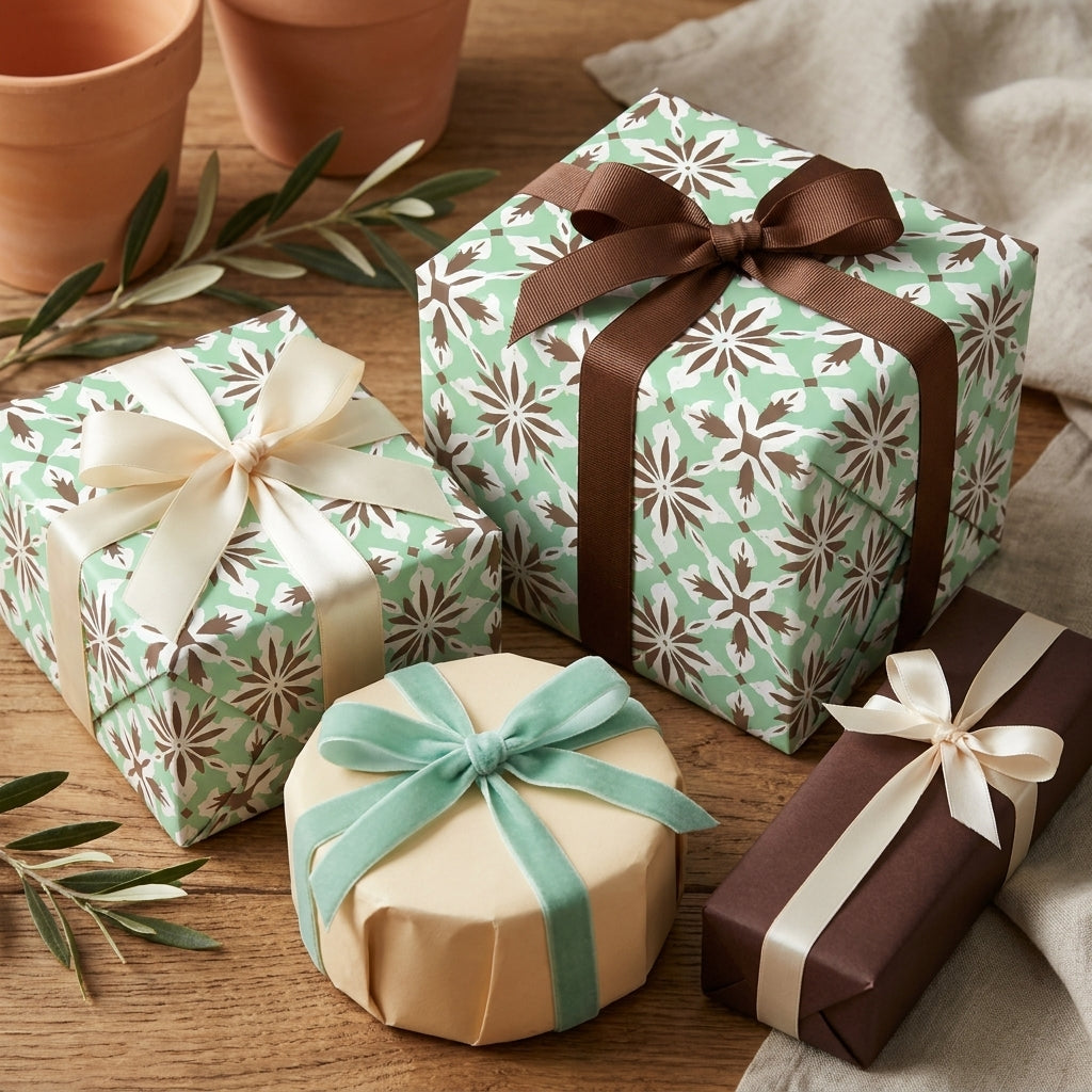 Sage green floral wrapping paper on rustic gift boxes with ribbons by Wrapped Studios.