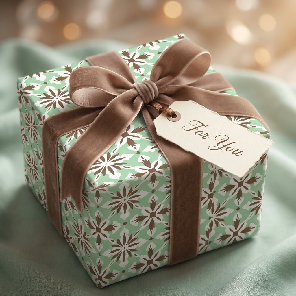 Sage green Christmas wrapping paper with elegant snowflake print and brown velvet bow by Wrapped Studios.