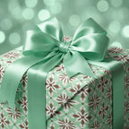 Luxury mint green wrapping paper with retro floral pattern and satin bow by Wrapped Studios.